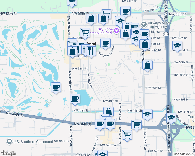 map of restaurants, bars, coffee shops, grocery stores, and more near 4834 Northwest 83rd Avenue in Doral
