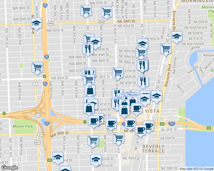 map of restaurants, bars, coffee shops, grocery stores, and more near 70 Northwest 45th Street in Miami