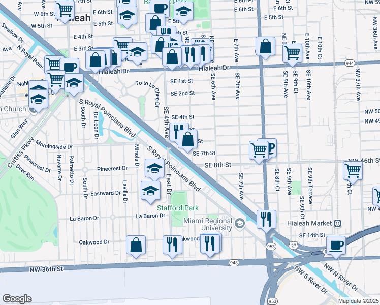 map of restaurants, bars, coffee shops, grocery stores, and more near 652 Southeast 5th Avenue in Hialeah