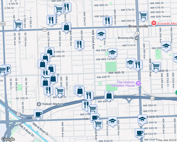 map of restaurants, bars, coffee shops, grocery stores, and more near 3265 Northwest 46th Street in Miami