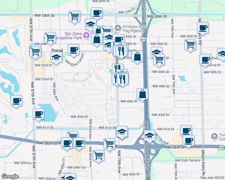 map of restaurants, bars, coffee shops, grocery stores, and more near 4620 Northwest 79th Avenue in Doral