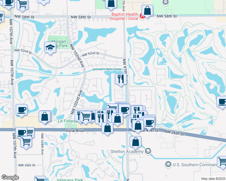 map of restaurants, bars, coffee shops, grocery stores, and more near 4678 Northwest 97th Place in Doral