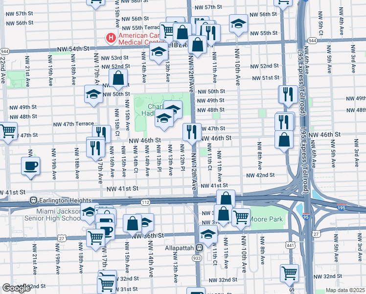 map of restaurants, bars, coffee shops, grocery stores, and more near 1245 Northwest 45th Street in Miami