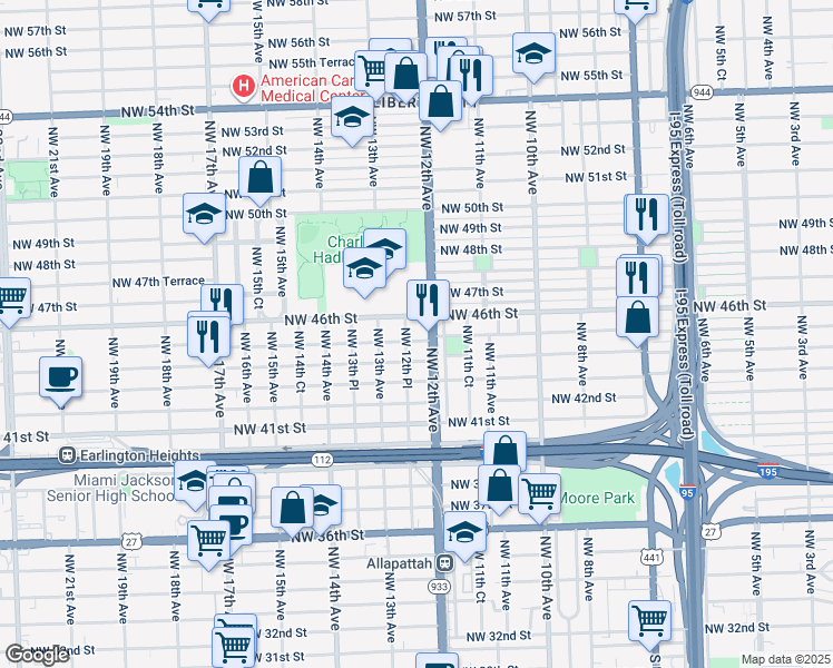 map of restaurants, bars, coffee shops, grocery stores, and more near 1245 Northwest 45th Street in Miami