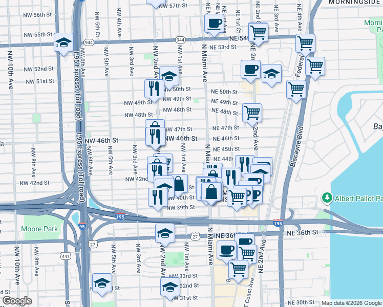 map of restaurants, bars, coffee shops, grocery stores, and more near in Miami