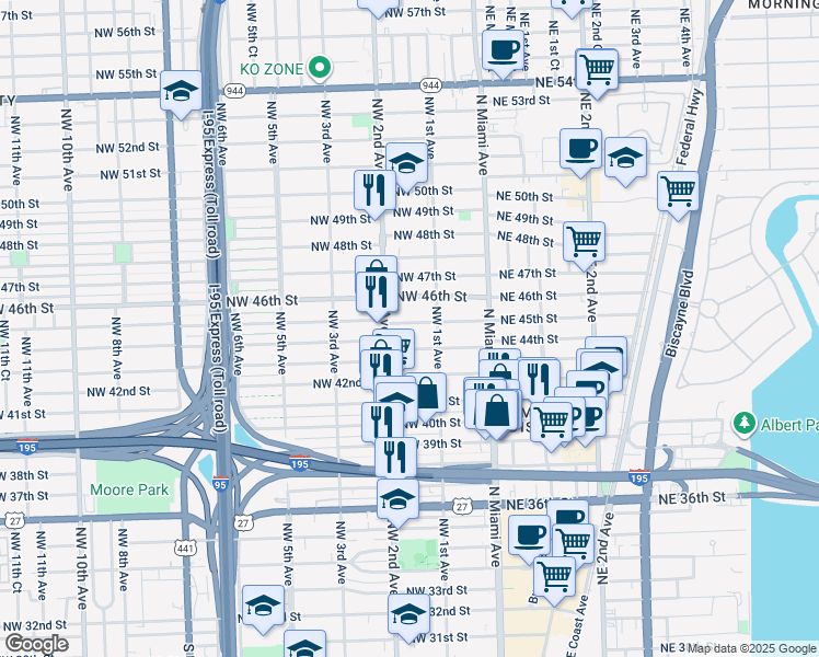 map of restaurants, bars, coffee shops, grocery stores, and more near 180 Northwest 45th Street in Miami