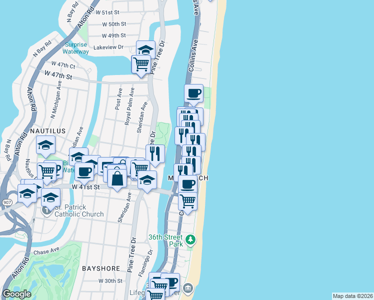 map of restaurants, bars, coffee shops, grocery stores, and more near 4370 Collins Avenue in Miami Beach