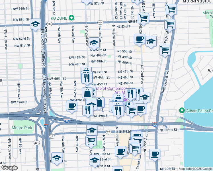 map of restaurants, bars, coffee shops, grocery stores, and more near 68 Northwest 45th Street in Miami