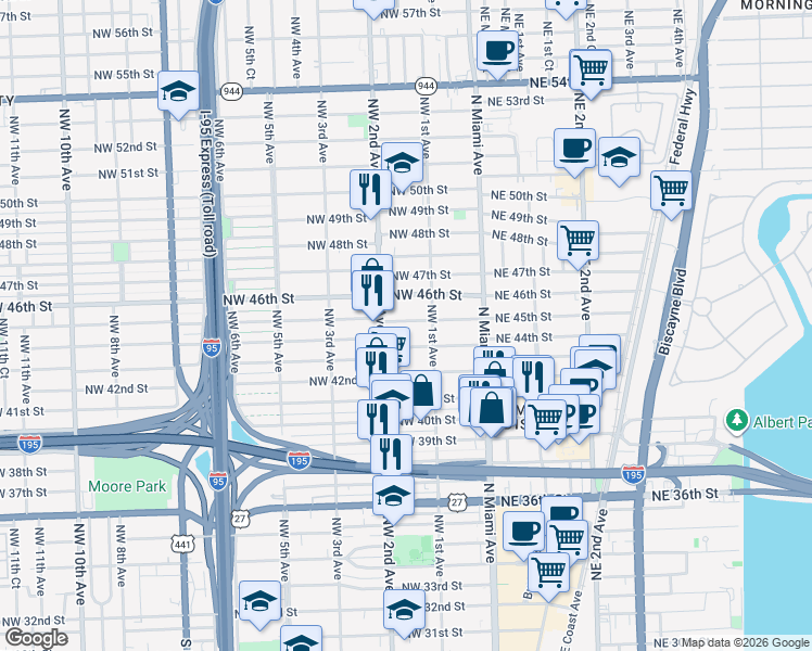 map of restaurants, bars, coffee shops, grocery stores, and more near 180 Northwest 45th Street in Miami