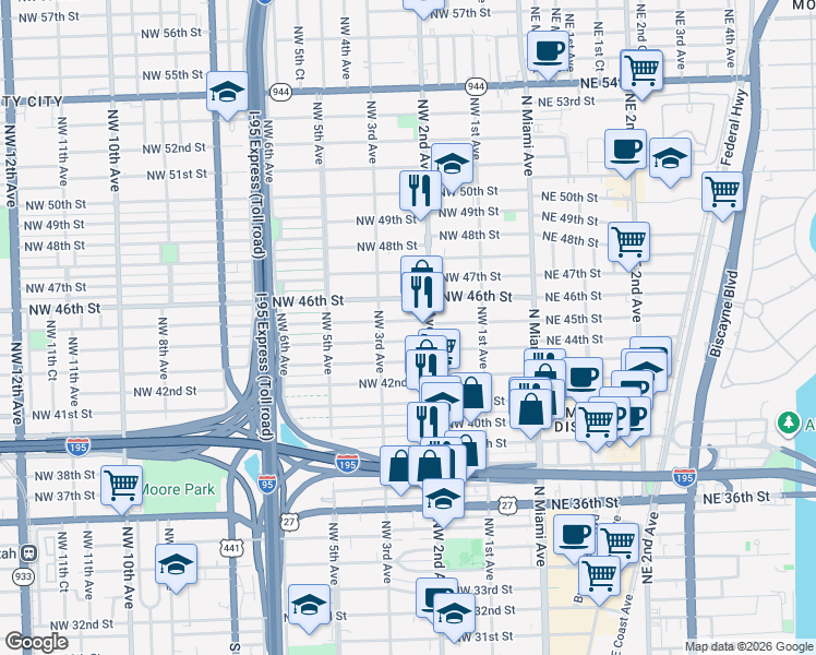 map of restaurants, bars, coffee shops, grocery stores, and more near 231 Northwest 44th Street in Miami