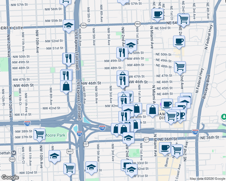 map of restaurants, bars, coffee shops, grocery stores, and more near 4412 Northwest 3rd Avenue in Miami