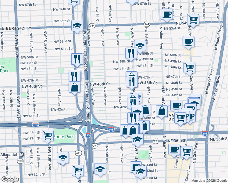 map of restaurants, bars, coffee shops, grocery stores, and more near 4412 Northwest 3rd Avenue in Miami