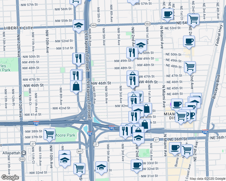 map of restaurants, bars, coffee shops, grocery stores, and more near 432 Northwest 45th Street in Miami