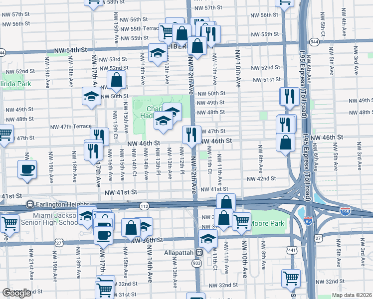 map of restaurants, bars, coffee shops, grocery stores, and more near 1245 Northwest 45th Street in Miami