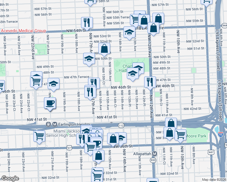 map of restaurants, bars, coffee shops, grocery stores, and more near 1471 Northwest 45th Street in Miami