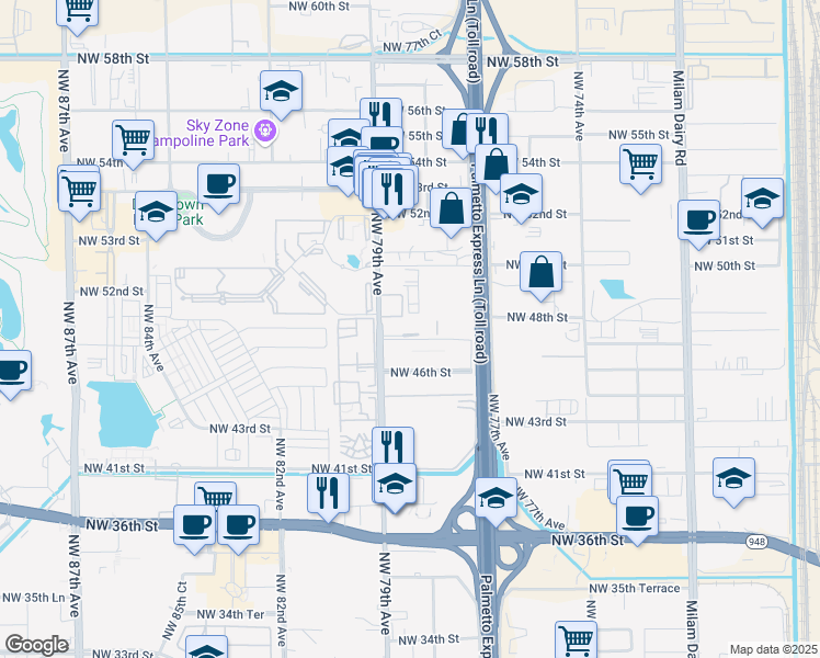 map of restaurants, bars, coffee shops, grocery stores, and more near 4727 Northwest 48th Street in Doral