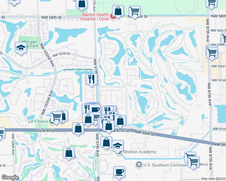map of restaurants, bars, coffee shops, grocery stores, and more near 9526 Northwest 47th Terrace in Doral