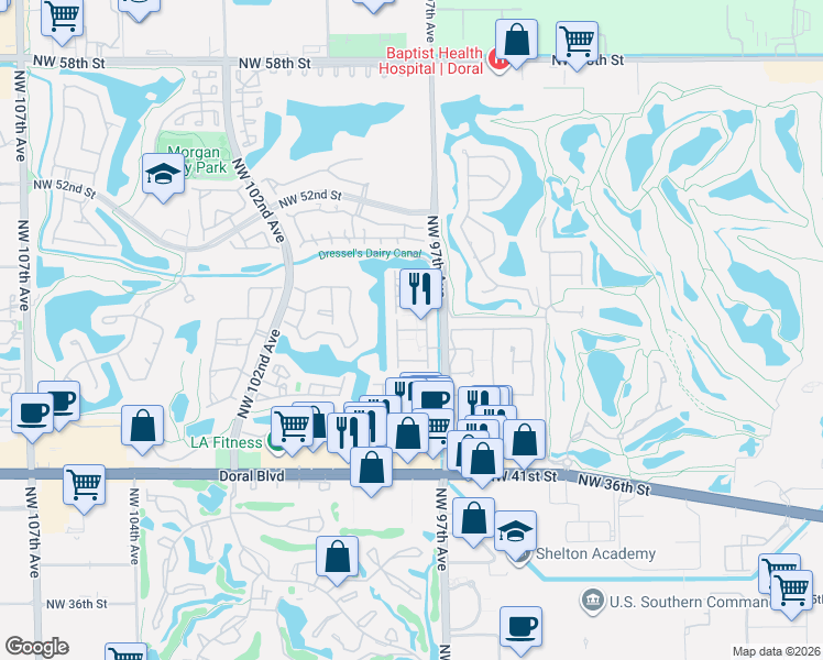 map of restaurants, bars, coffee shops, grocery stores, and more near 9764 Northwest 47th Terrace in Doral