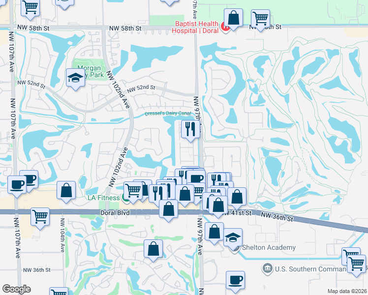 map of restaurants, bars, coffee shops, grocery stores, and more near 9764 Northwest 47th Terrace in Doral