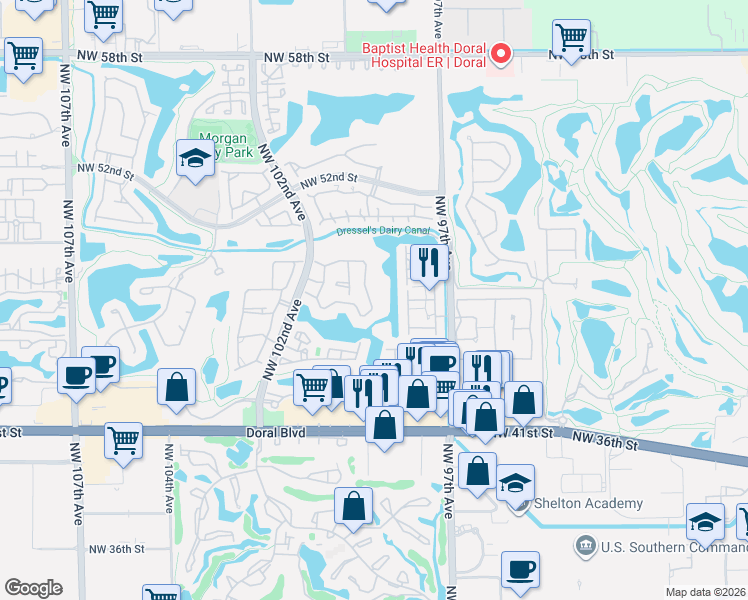 map of restaurants, bars, coffee shops, grocery stores, and more near 4735 Northwest 98 Place in Doral