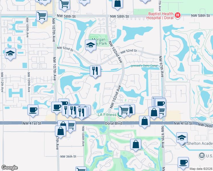 map of restaurants, bars, coffee shops, grocery stores, and more near 4630 Northwest 102nd Avenue in Doral