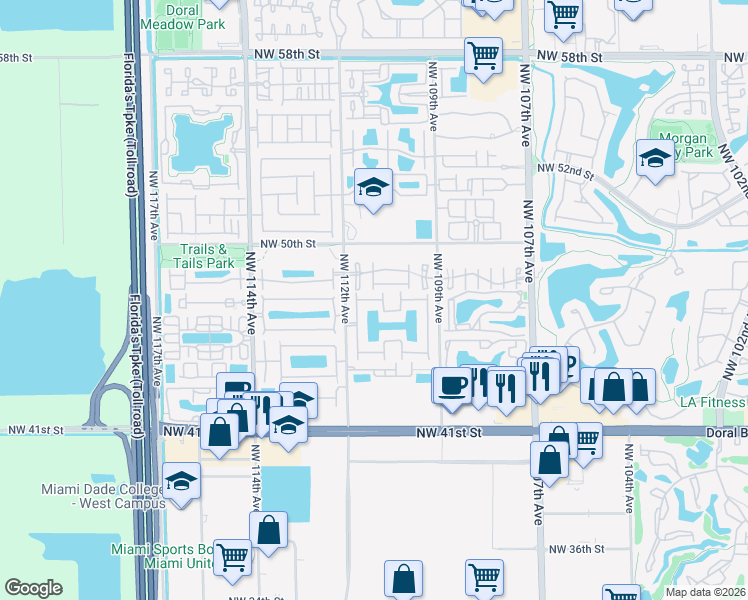 map of restaurants, bars, coffee shops, grocery stores, and more near 4721 Northwest 110th Court in Doral