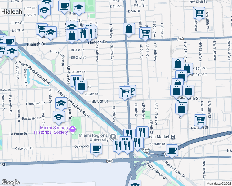 map of restaurants, bars, coffee shops, grocery stores, and more near 721 Southeast 7th Place in Hialeah