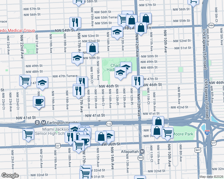 map of restaurants, bars, coffee shops, grocery stores, and more near 1391 Northwest 45th Street in Miami