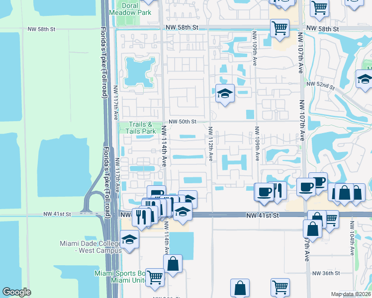map of restaurants, bars, coffee shops, grocery stores, and more near 11336 Northwest 47th Lane in Doral