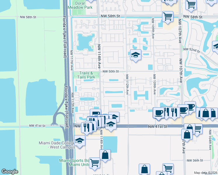 map of restaurants, bars, coffee shops, grocery stores, and more near 11336 Northwest 47th Lane in Doral