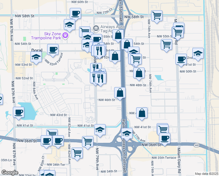 map of restaurants, bars, coffee shops, grocery stores, and more near 7705 Northwest 48th Street in Doral