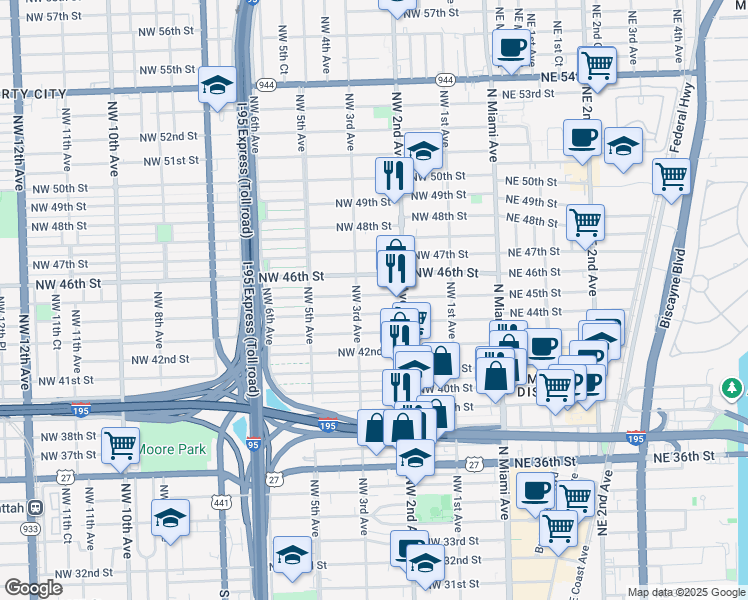 map of restaurants, bars, coffee shops, grocery stores, and more near 260 Northwest 45th Street in Miami