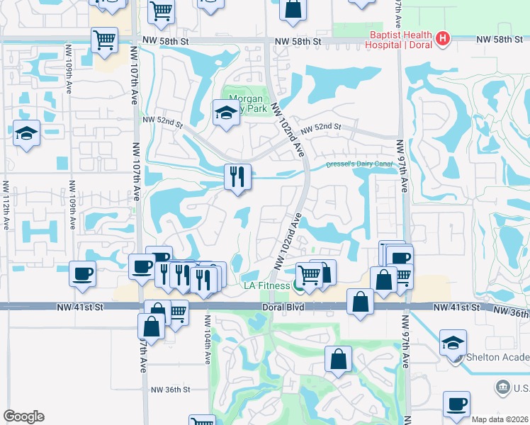 map of restaurants, bars, coffee shops, grocery stores, and more near 4630 Northwest 102nd Avenue in Doral