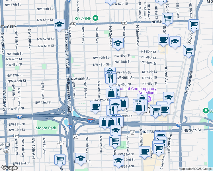 map of restaurants, bars, coffee shops, grocery stores, and more near 231 Northwest 44th Street in Miami