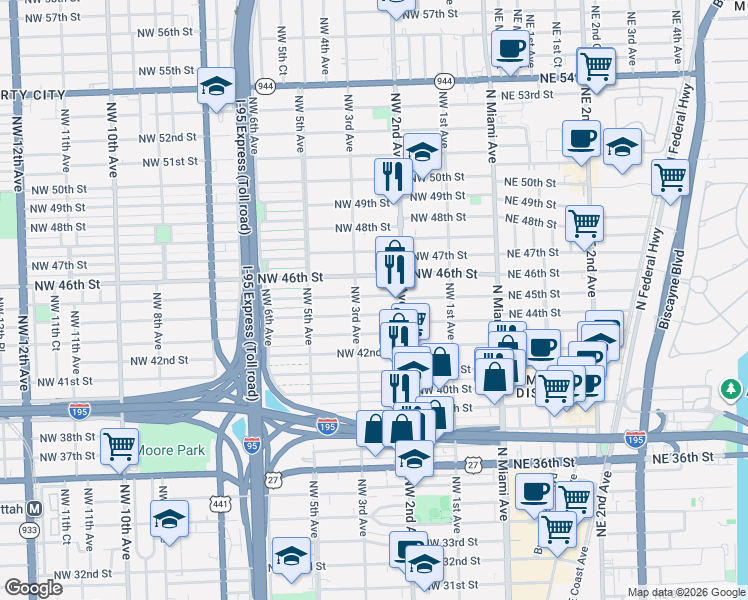 map of restaurants, bars, coffee shops, grocery stores, and more near 258 Northwest 45th Street in Miami