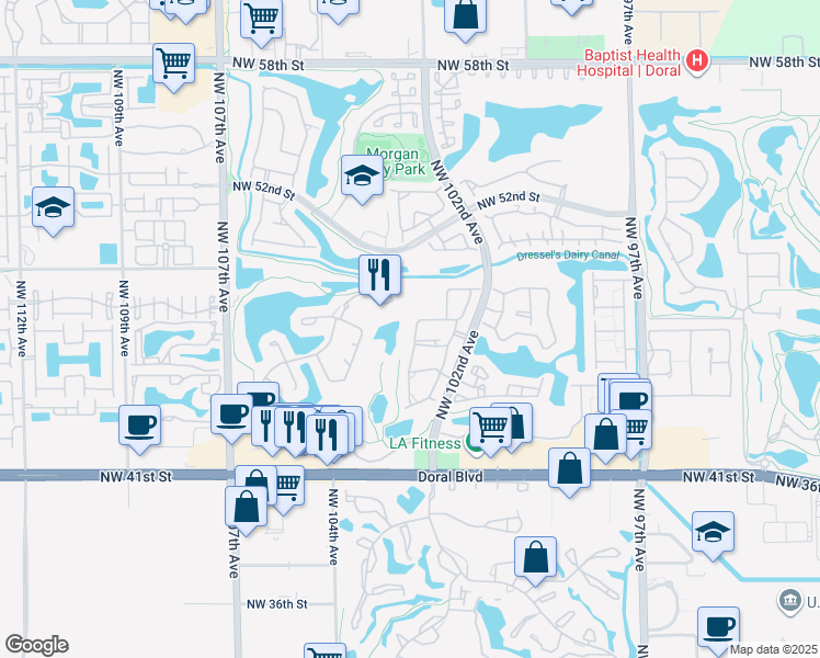 map of restaurants, bars, coffee shops, grocery stores, and more near 4740 Northwest 102nd Avenue in Doral