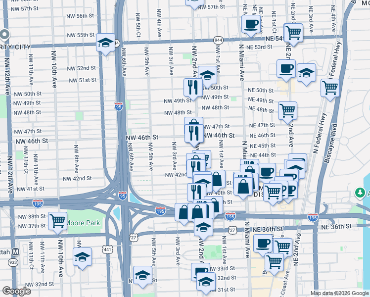 map of restaurants, bars, coffee shops, grocery stores, and more near 231 Northwest 44th Street in Miami