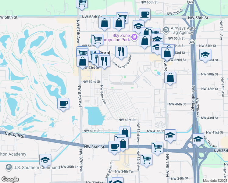 map of restaurants, bars, coffee shops, grocery stores, and more near 4834 Northwest 83rd Avenue in Doral