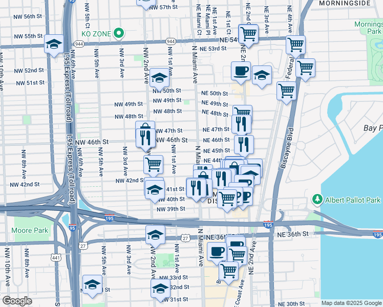 map of restaurants, bars, coffee shops, grocery stores, and more near 18 Northwest 45th Street in Miami