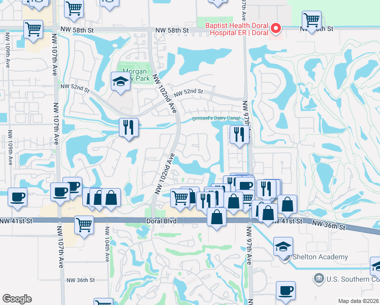 map of restaurants, bars, coffee shops, grocery stores, and more near 9924 Northwest 47th Terrace in Doral