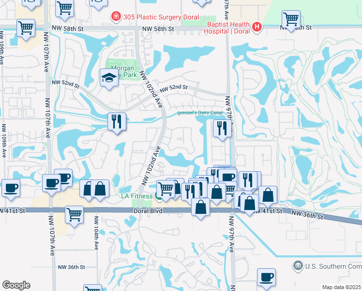 map of restaurants, bars, coffee shops, grocery stores, and more near 9924 Northwest 47th Terrace in Doral