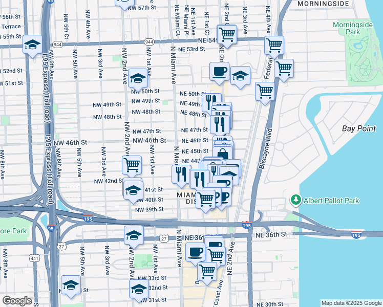 map of restaurants, bars, coffee shops, grocery stores, and more near 51 Northeast 44th Street in Miami