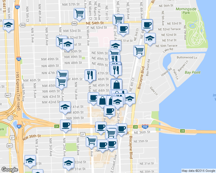 map of restaurants, bars, coffee shops, grocery stores, and more near 121 Northeast 44th Street in Miami