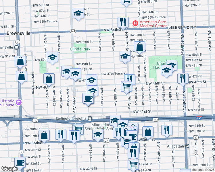 map of restaurants, bars, coffee shops, grocery stores, and more near 1865 Northwest 45th Street in Miami