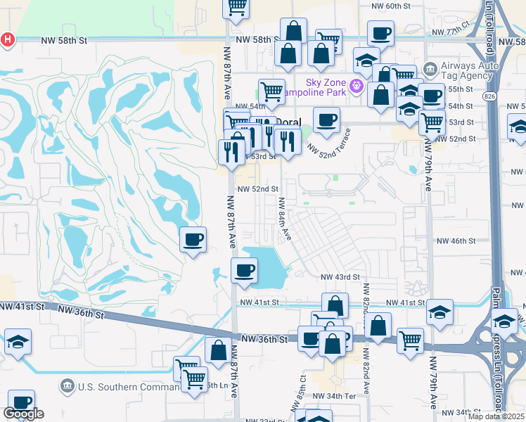 map of restaurants, bars, coffee shops, grocery stores, and more near 8461 Northwest 47th Terrace in Doral