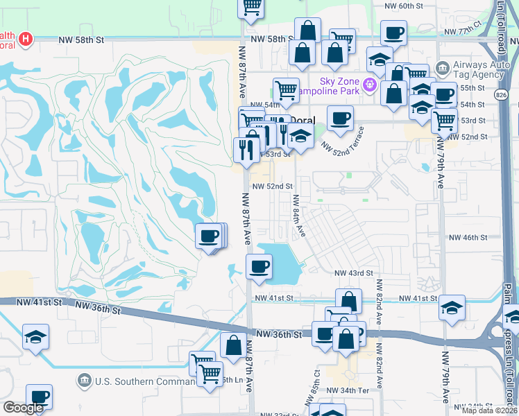 map of restaurants, bars, coffee shops, grocery stores, and more near 5252 Northwest 85th Avenue in Doral