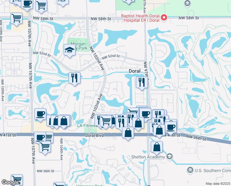 map of restaurants, bars, coffee shops, grocery stores, and more near 9924 Northwest 47th Terrace in Doral