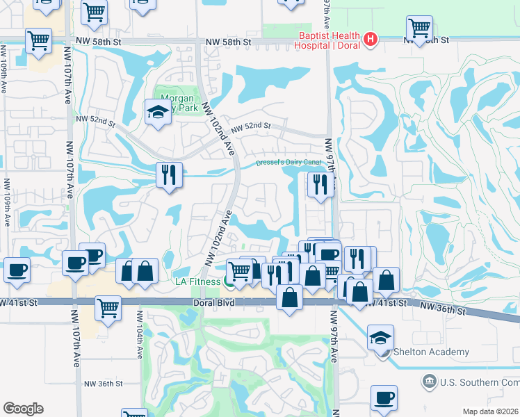 map of restaurants, bars, coffee shops, grocery stores, and more near 9924 Northwest 47th Terrace in Doral