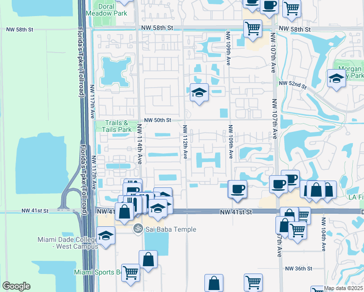 map of restaurants, bars, coffee shops, grocery stores, and more near 4748 Northwest 111th Court in Doral