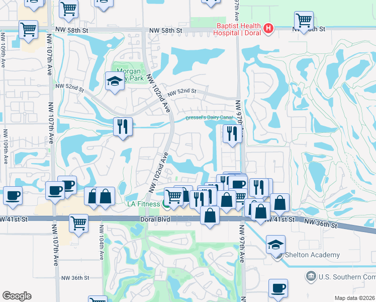 map of restaurants, bars, coffee shops, grocery stores, and more near 9924 Northwest 47th Terrace in Doral
